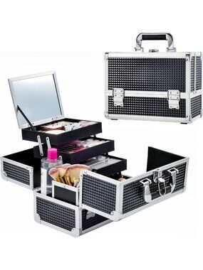 3-Tray Makeup Case with Mirror & Brush Holder - Stylish Black Organizer